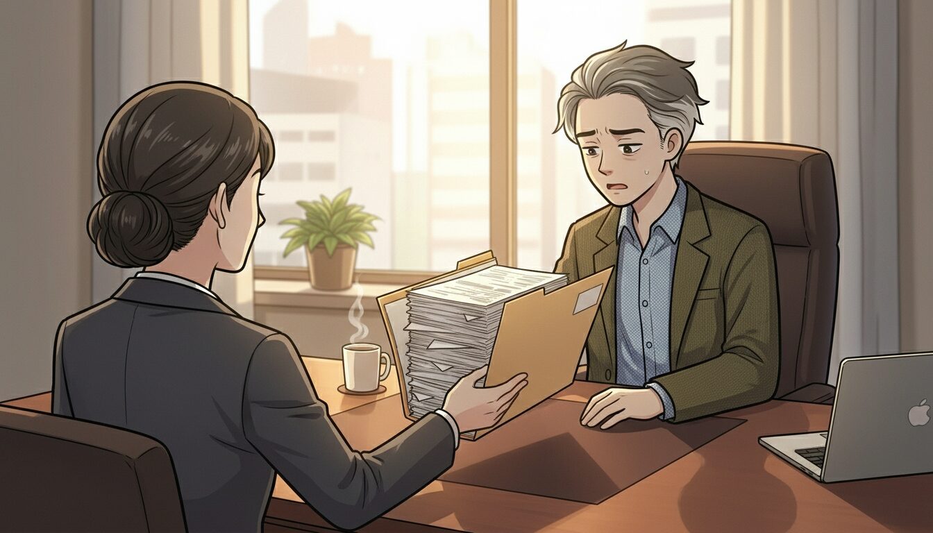 エージェントから書類を渡される専門職の男性