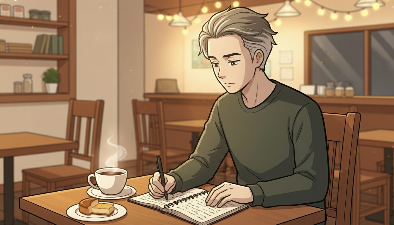 カフェでノートに不満を書き出す男性