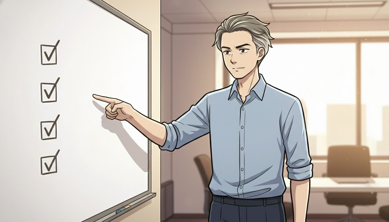 ホワイトボードのチェックリストを指差す男性