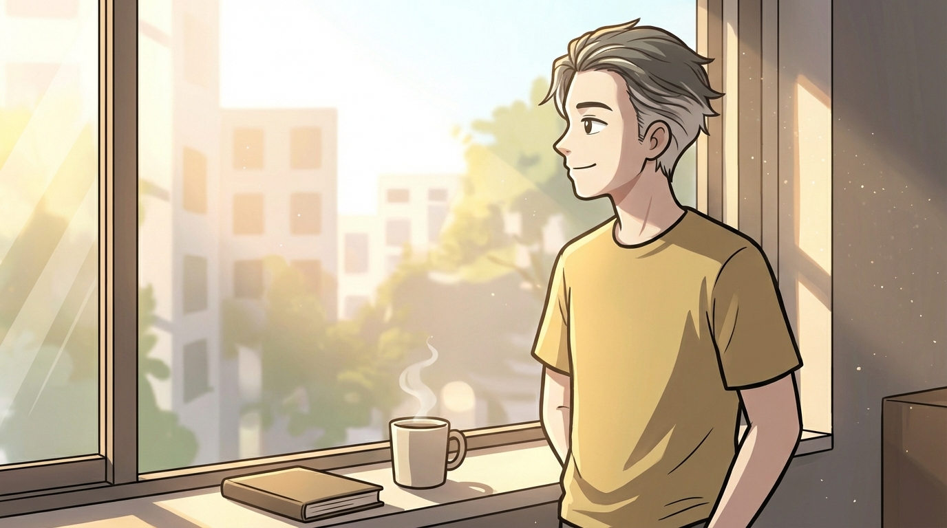 朝の光の中で前を向くのりさん