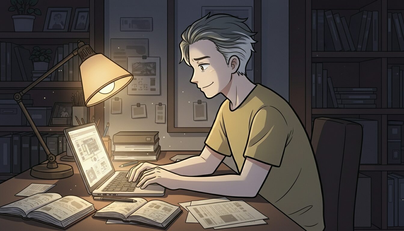 インポスター現象:夜の机で作業する男性