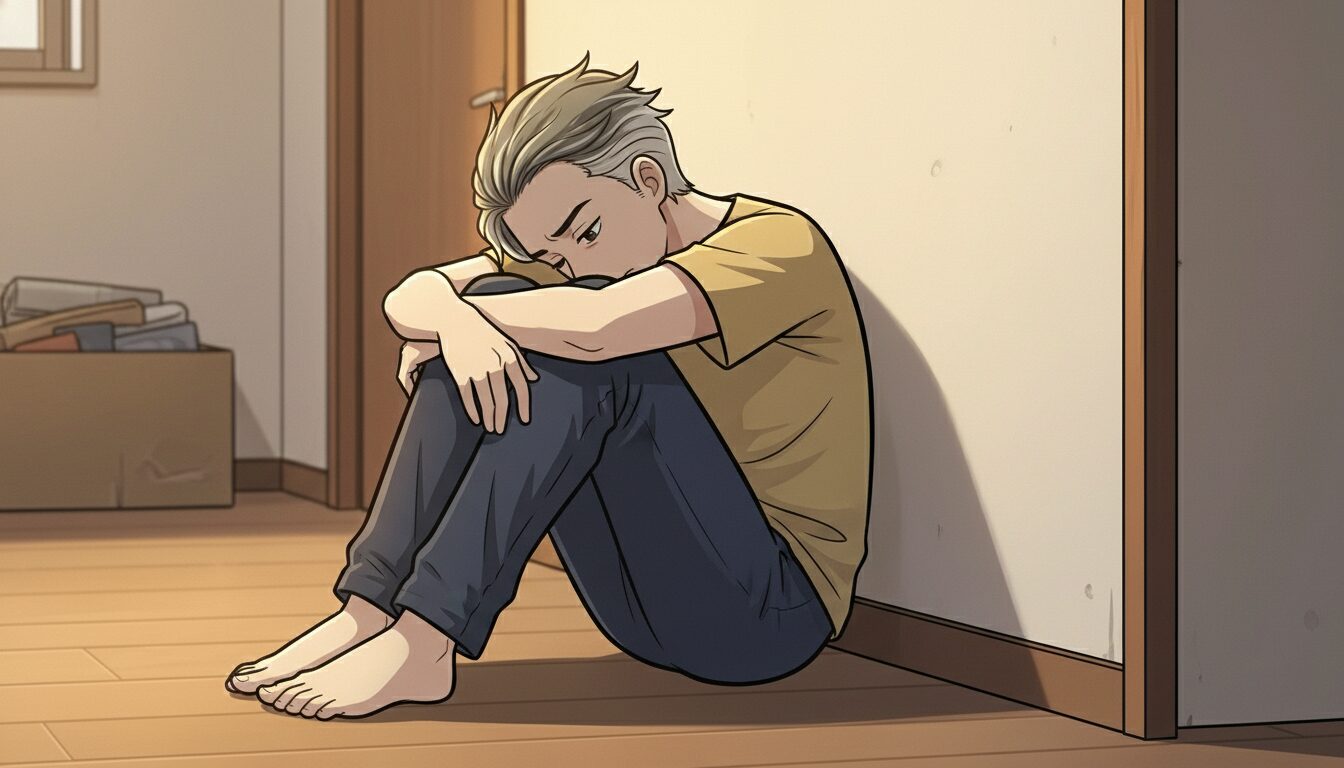 負のスパイラル:膝を抱えて座り込む男性