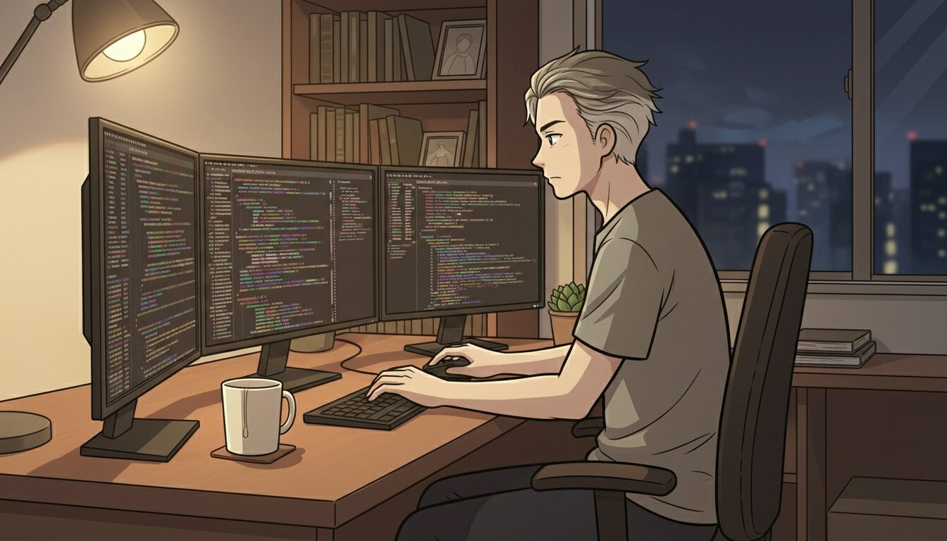 ITで深く集中して働く男性のイラスト