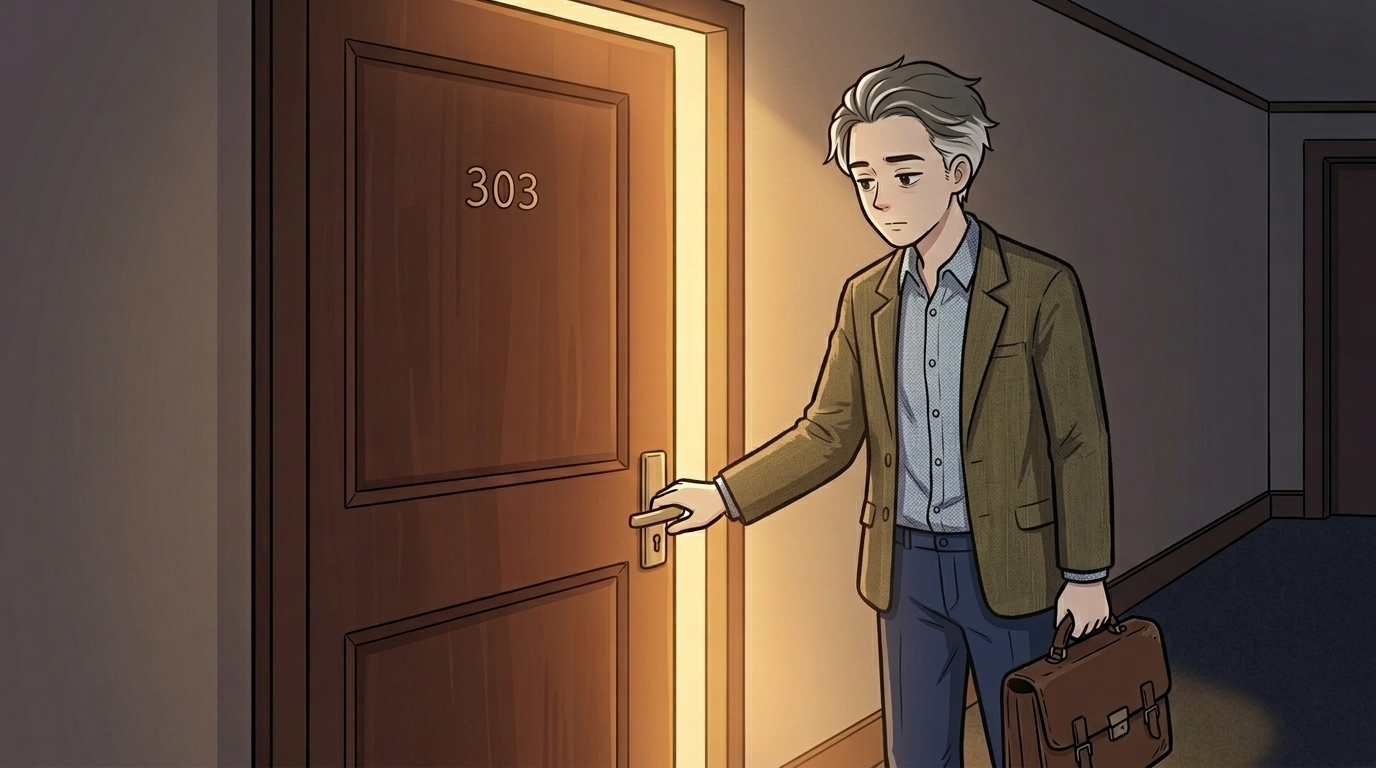 夜、帰宅前に玄関前で立ち止まる男性のイラスト