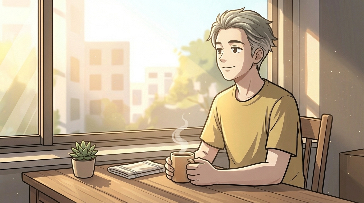 朝のコーヒーを持ちながら穏やかな表情でいる男性のイラスト