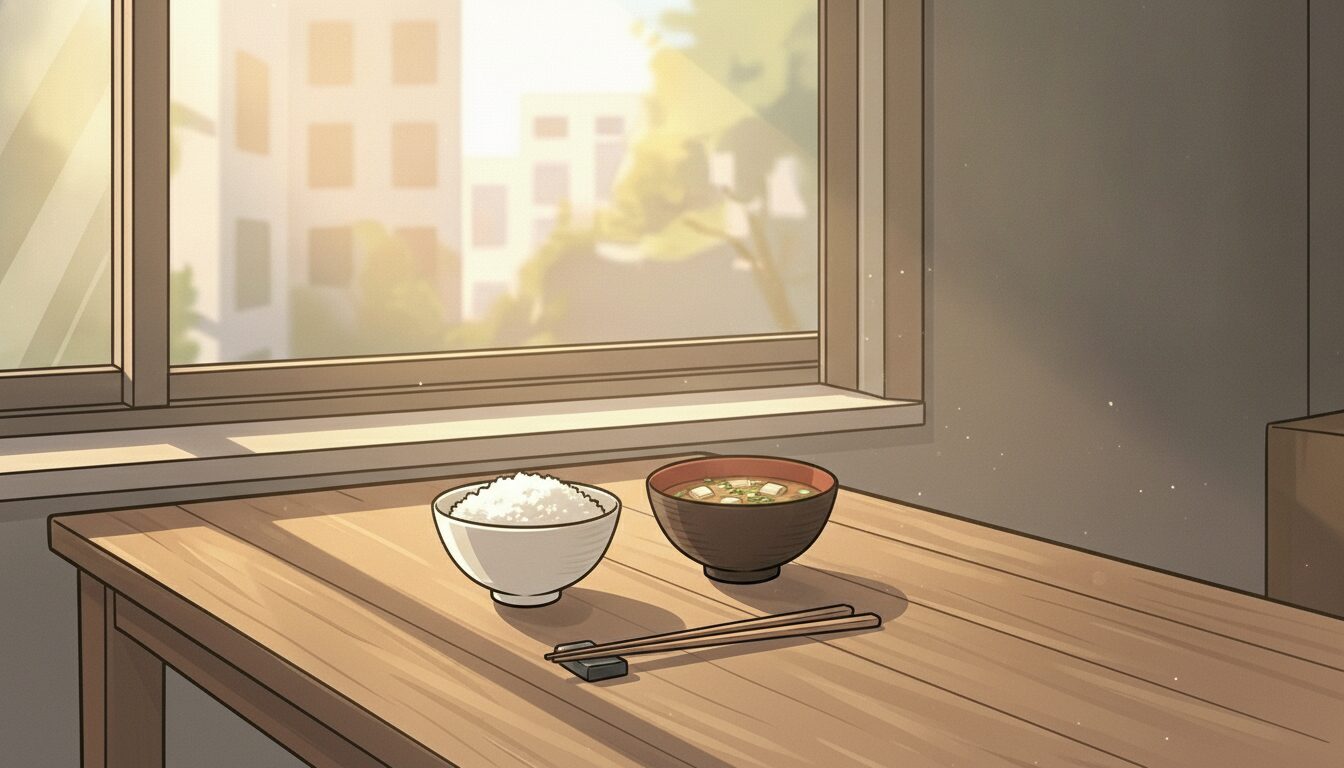 簡素な和朝食（ご飯と味噌汁と箸）が窓辺の木のテーブルに静かに並んだイラスト