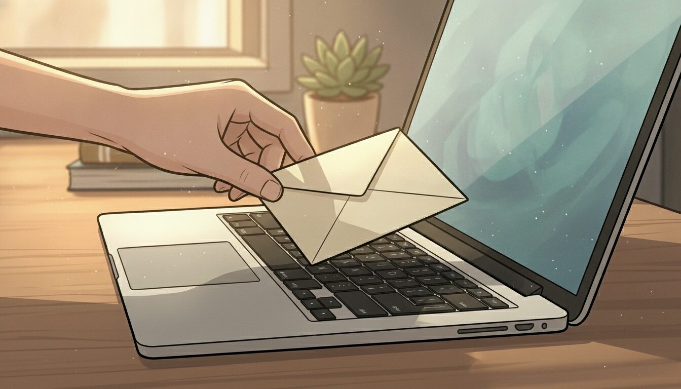 ノートパソコンに手を添える優しい仕草のイラスト・人でない相手に頼る練習