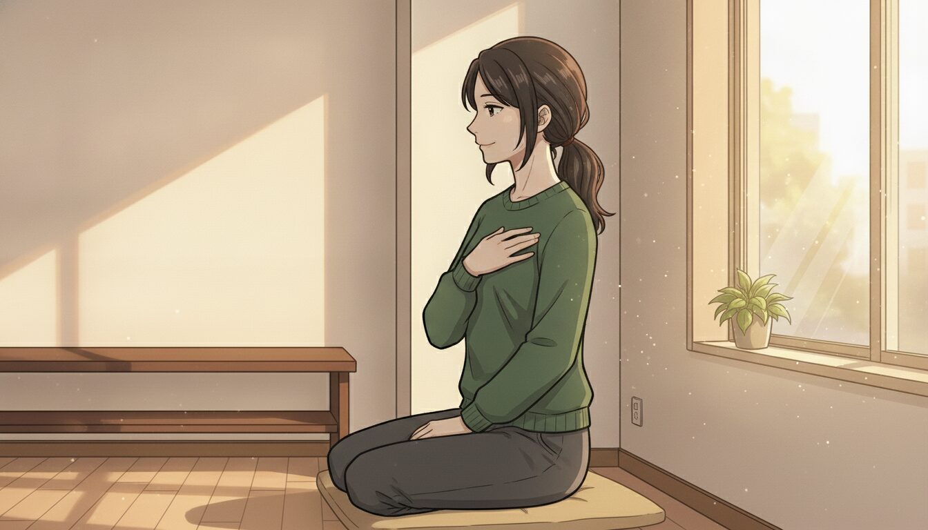 窓辺に座り自分の胸に手を当てる女性のイラスト・セルフコンパッションの場面