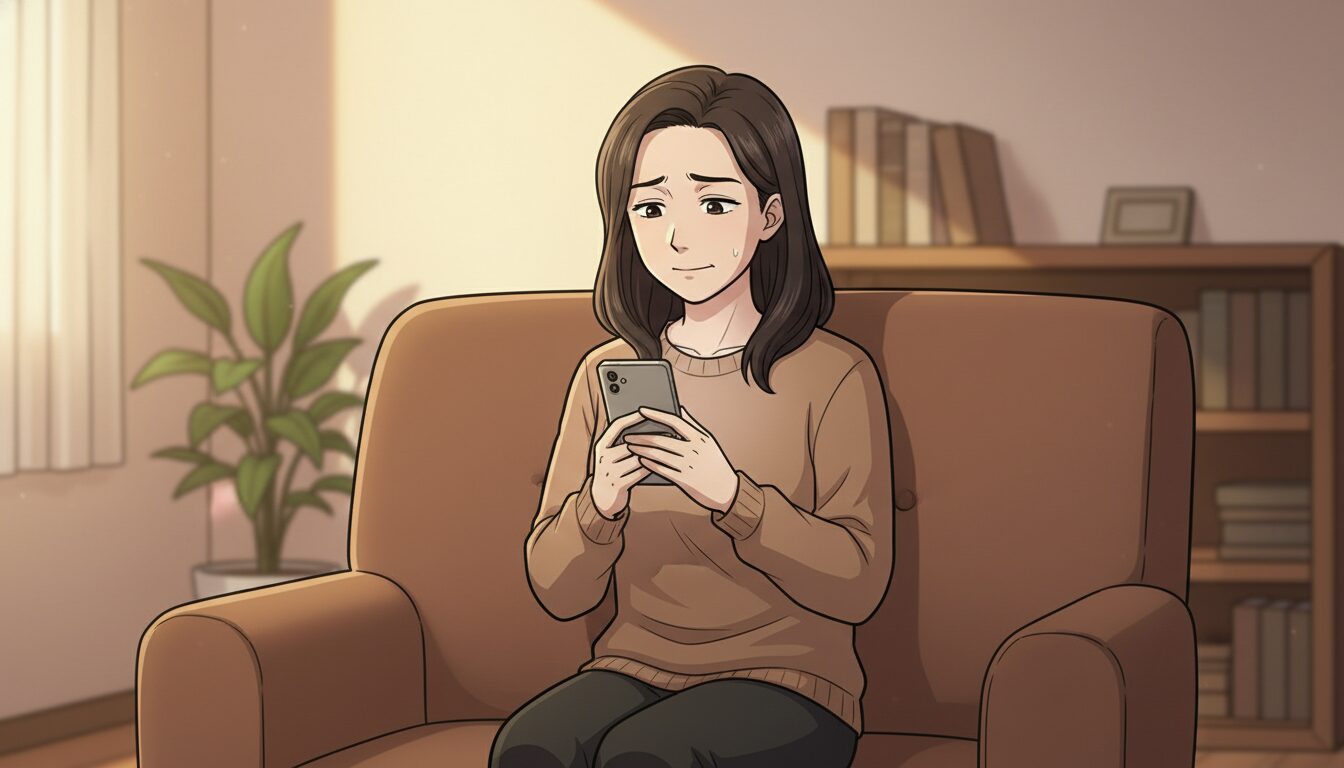 スマホを見て「これでいいのかな」と少しためらう女性のイラスト