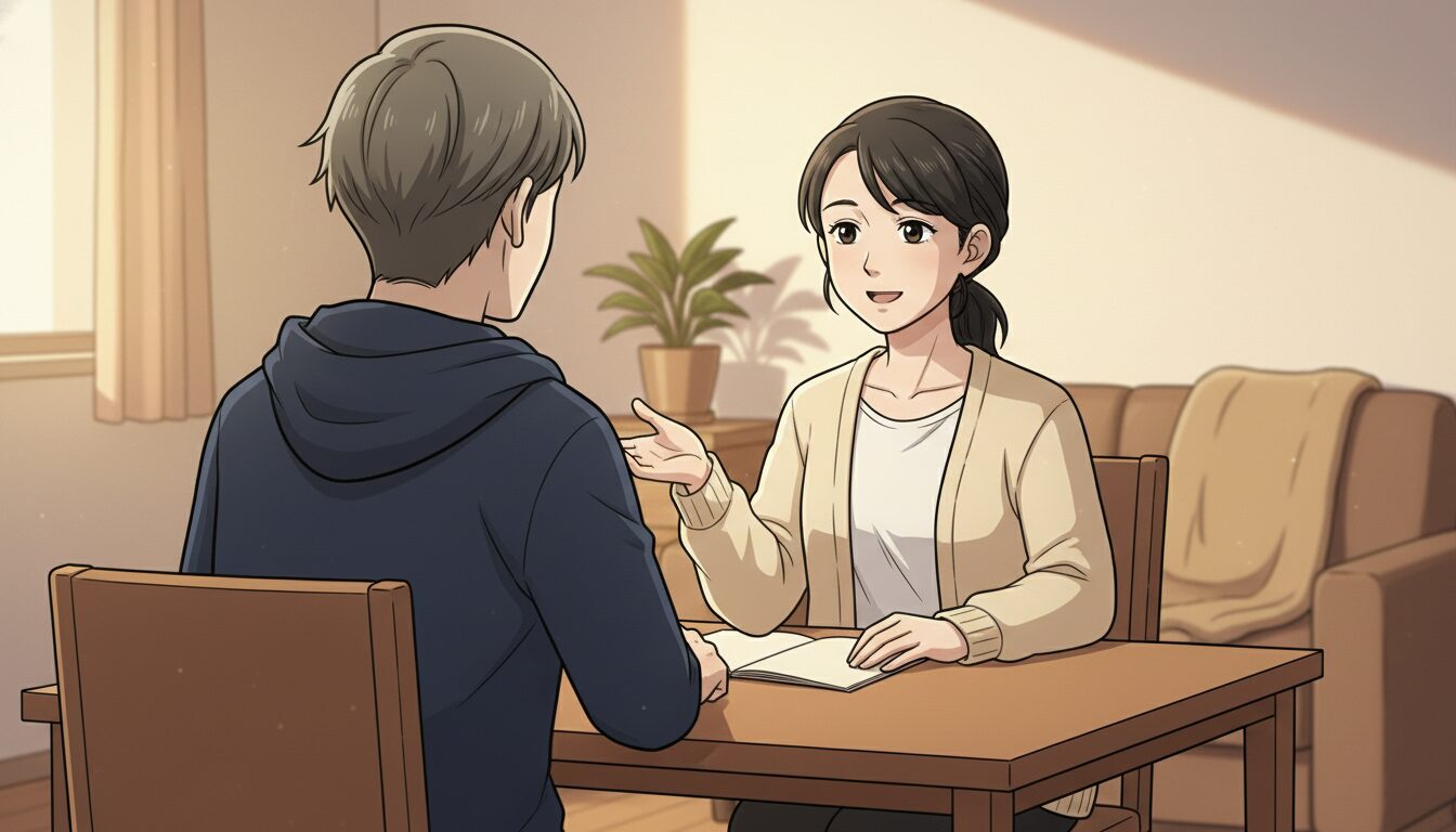 誰かに話をやさしく聞いてもらい、ほっと安心する女性のイラスト