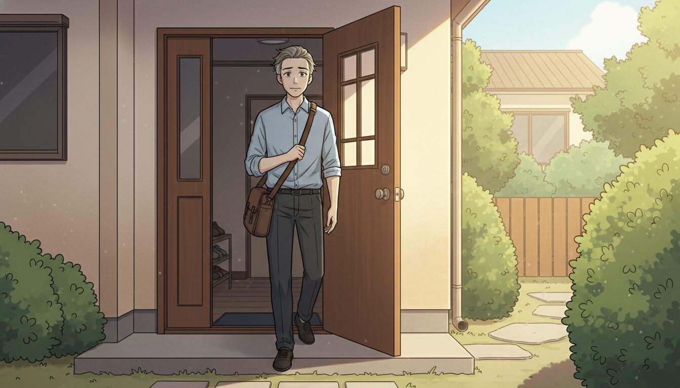 玄関から朝の光の中へ、自分の足で一歩を踏み出す人のイラスト