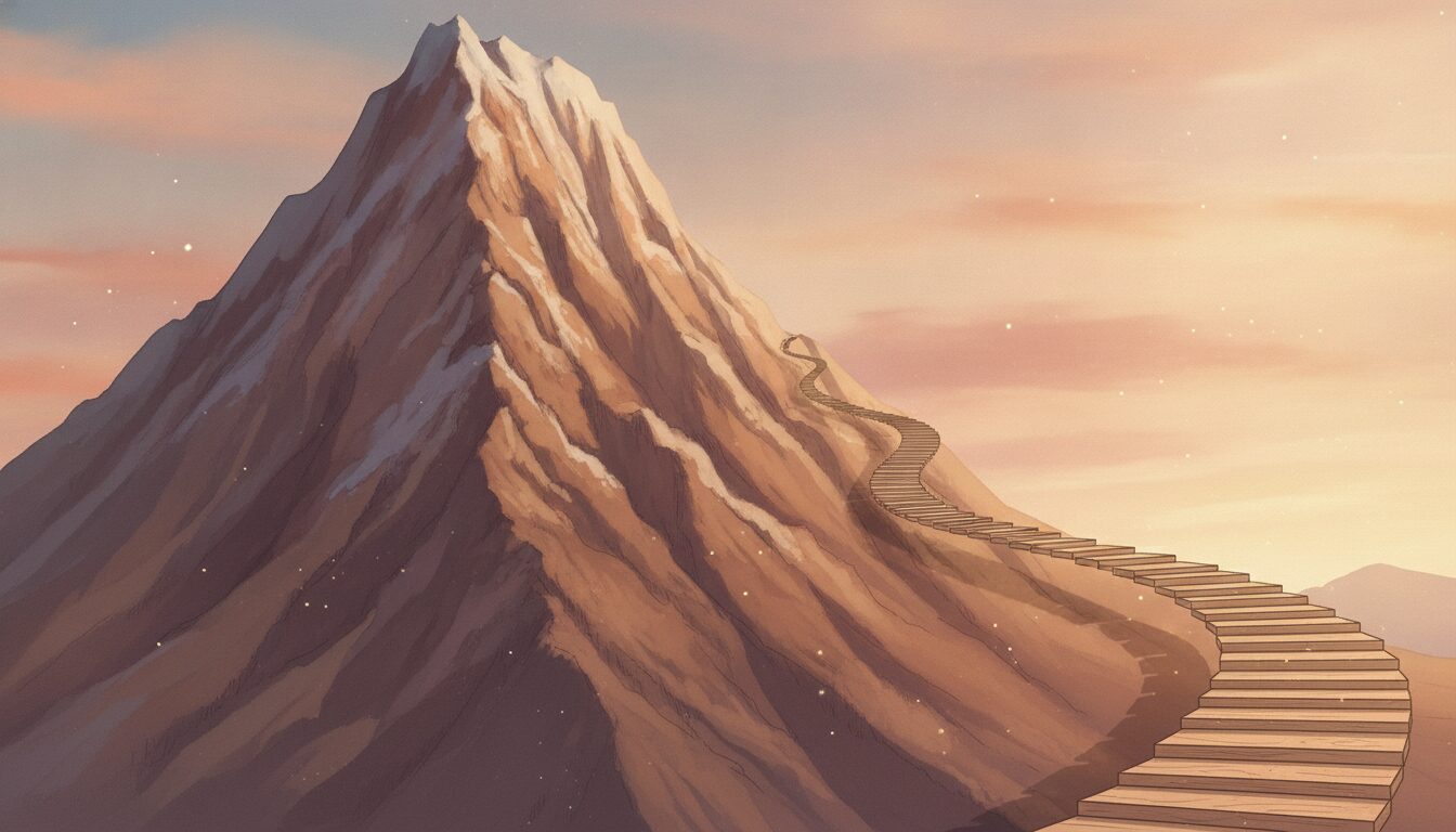 大きな山の隣に小さな階段が続く、課題を小さく割って一段ずつ登るイメージのイラスト