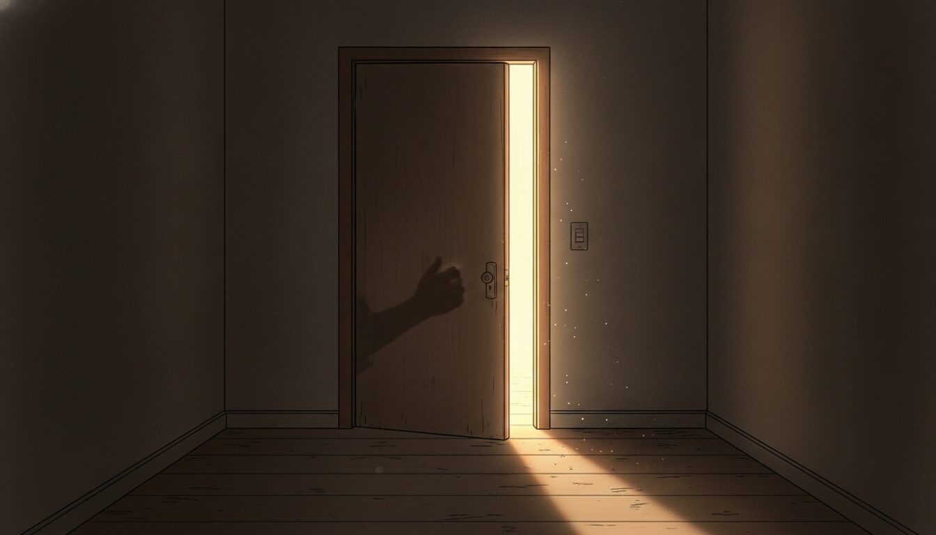 暗い廊下でわずかに開いたドアから暖かい光がこぼれているイラスト。断られる予感が外れやすいことの比喩