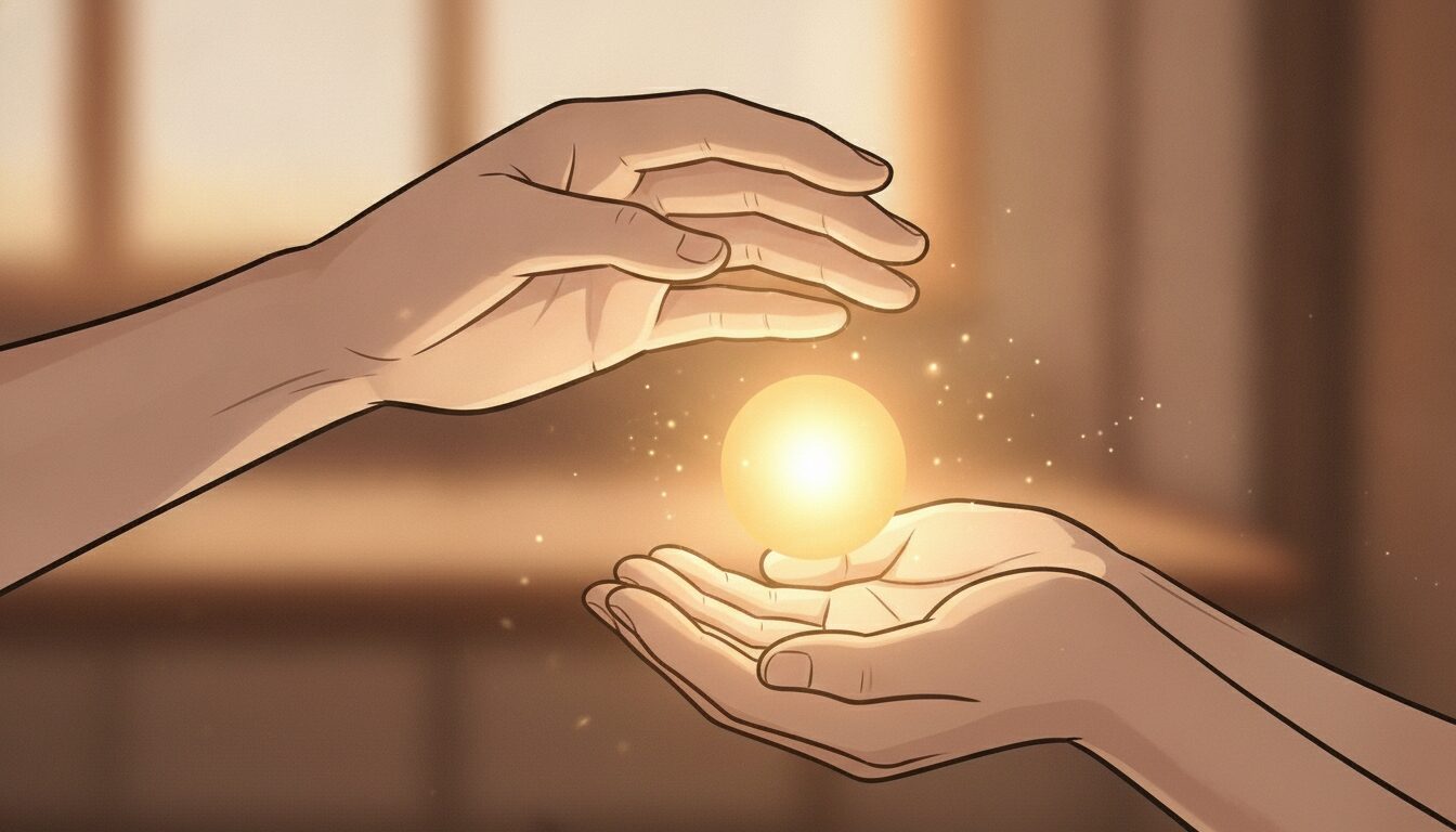 両手でそっと小さな温かい光を受け渡ししているイラスト。助けた側の気持ちの比喩