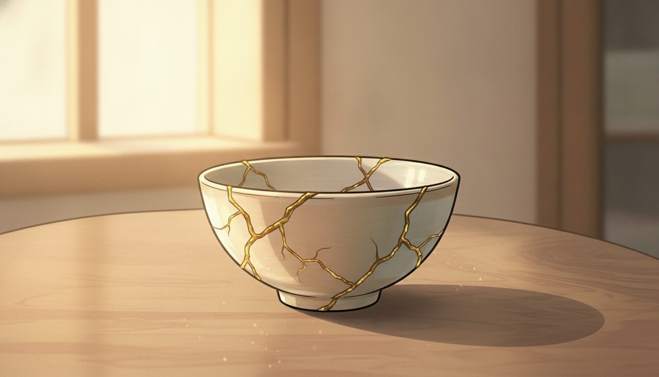 金継ぎで修復された茶碗のイラスト。beautiful mess effectの比喩