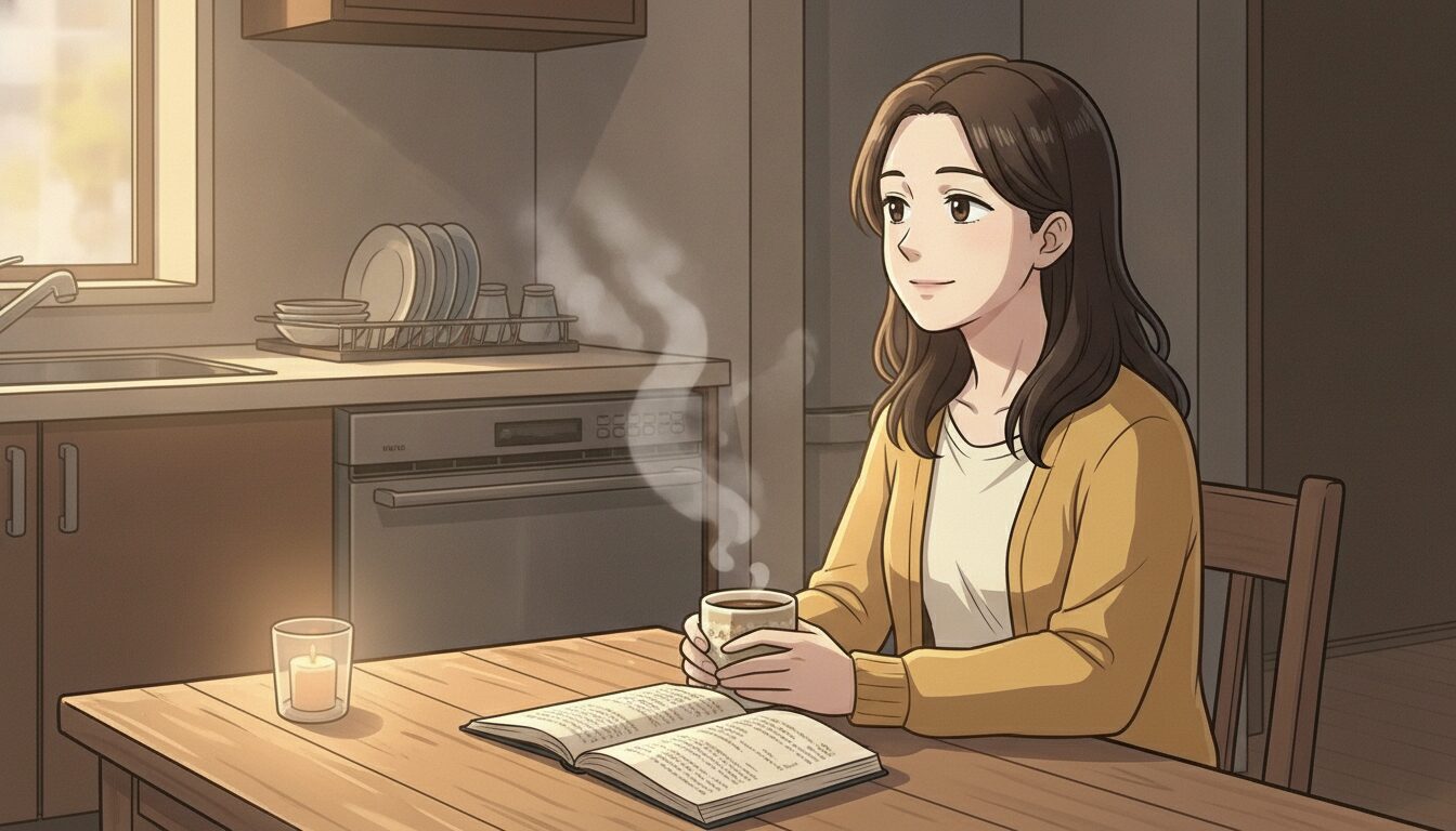 夕方のキッチンで食洗機を動かしながら静かにくつろぐ人物のイラスト